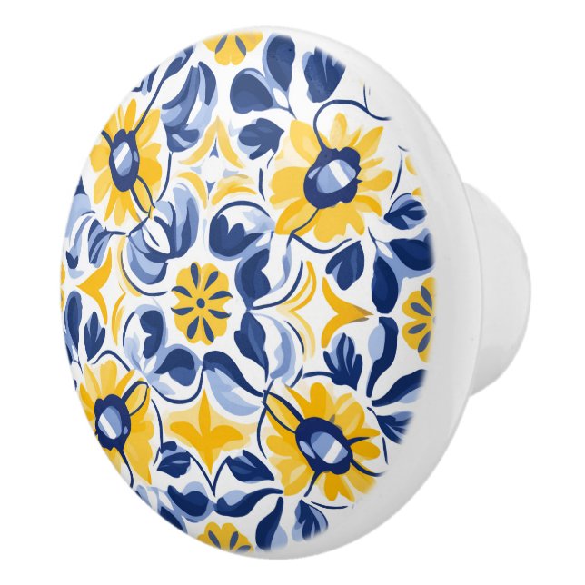Bouton De Porte En Céramique 💙 💛 Fleurs illuminées Azulejos (Droite)