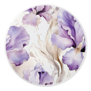 Bouton De Porte En Céramique Fleurs Iris À Crème Violette
