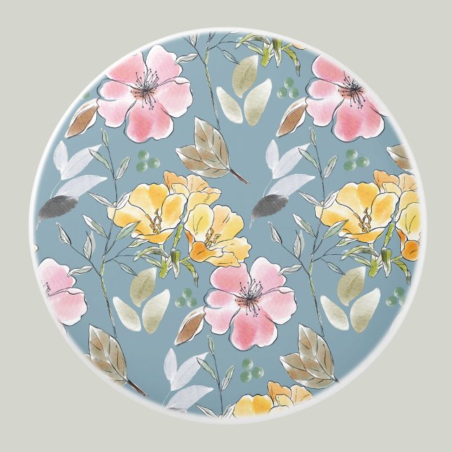 Bouton De Porte En Céramique Fleurs Jaunes Bleues Douces Motif Floral Rose (Créateur téléchargé)