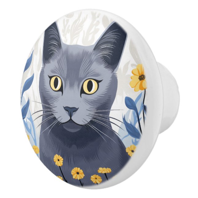 Bouton De Porte En Céramique Fleurs Jaunes Chat Bleu Russe (Droite)