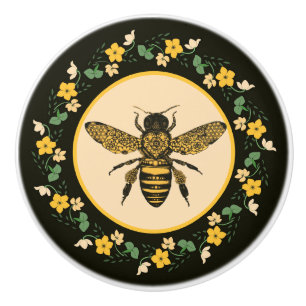 Bouton De Porte En Céramique Fleurs jaunes et abeille victorienne