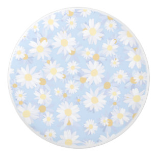 Bouton De Porte En Céramique Fleurs marguerites blanches Classy Design Bleu bot