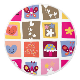 Bouton De Porte En Céramique fleurs mignonnes, oiseaux, motif de carrés de