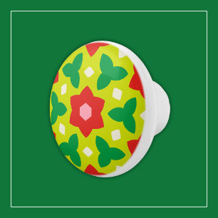 Bouton De Porte En Céramique Fleurs modernes sur vert et rouge géométrique flor