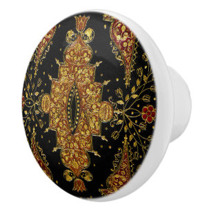 Bouton De Porte En Céramique Fleurs noires et dorées tombées