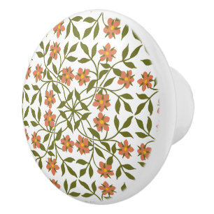 Bouton De Porte En Céramique Fleurs orange, motif floral, verdure, Boho