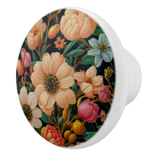 Bouton De Porte En Céramique Fleurs orange rétro tulipes turquoises maman margu