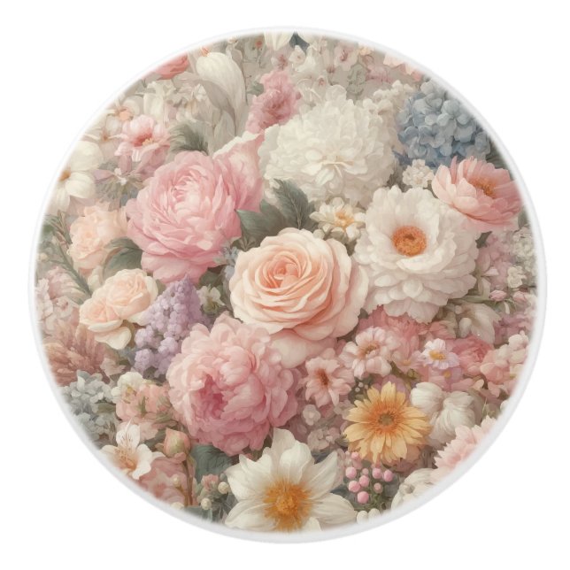 Bouton De Porte En Céramique Fleurs Pastel Shabby Chic Rose Motif Floral (Devant)