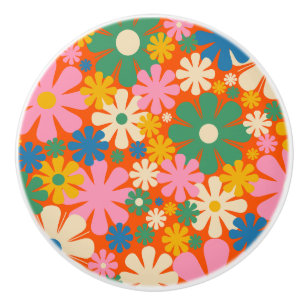 Bouton De Porte En Céramique Fleurs rétro colorées 60s les années 70 motif flor