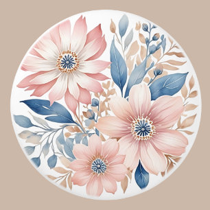 Bouton De Porte En Céramique Fleurs rose Duisy Bleu Beige Boho Floral