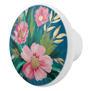 Bouton De Porte En Céramique Fleurs roses et blush avec accents dorés