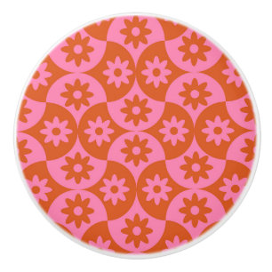 Bouton De Porte En Céramique Fleurs roses et orange sur coquille milieu de sièc