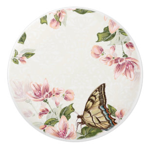Bouton De Porte En Céramique Fleurs roses et papillon