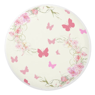 Bouton De Porte En Céramique Fleurs roses, papillons, fond rose pâle