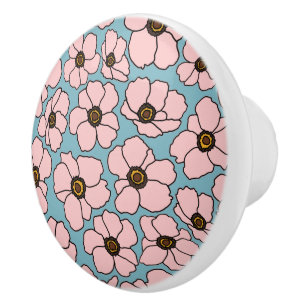 Bouton De Porte En Céramique Fleurs roses sur fond bleu sarcelle 