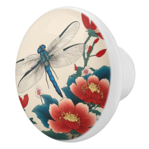 Bouton De Porte En Céramique Fleurs rouges de libellules japonaises vintages