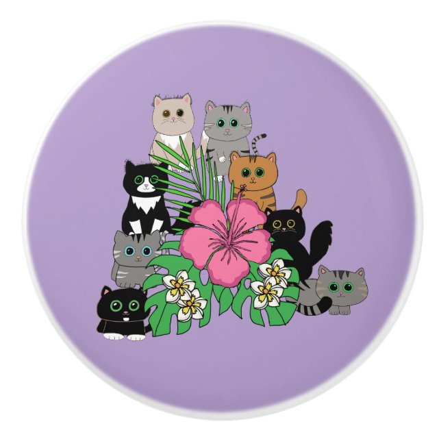 Bouton De Porte En Céramique Fleurs tropicales et chats kawaii (Devant)