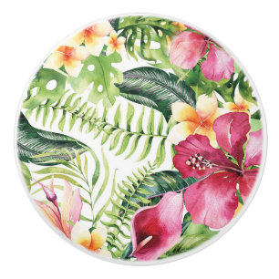 Bouton De Porte En Céramique Fleurs Tropicales Feuilles Floral Chic Île Tropiqu
