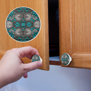 Bouton De Porte En Céramique Fleurs turquoise et argentée