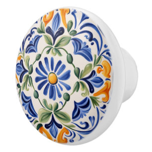 Bouton De Porte En Céramique Floral bleu et jaune méditerranéen