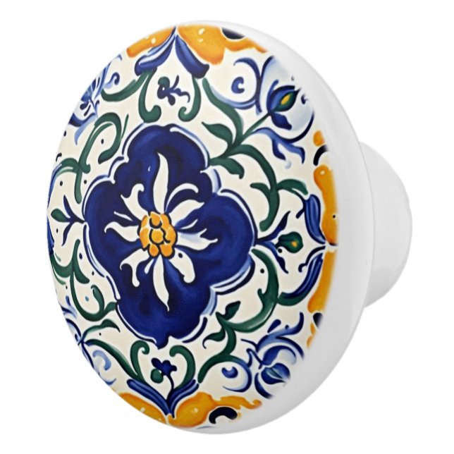 Bouton De Porte En Céramique Floral bleu méditerranéen Jaune Fleur Portugais (Droite)