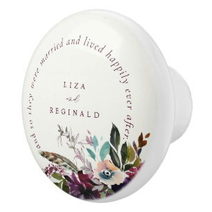 Bouton De Porte En Céramique Floral Bourgogne Heureux Jamais Après Citer L'Ivoi