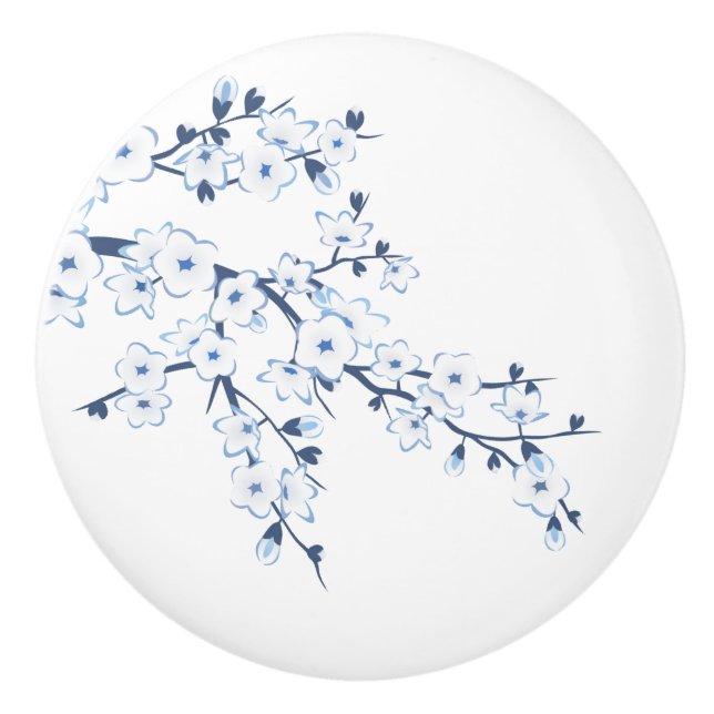 Bouton De Porte En Céramique Floral Cherry Blossom Blue White (Devant)