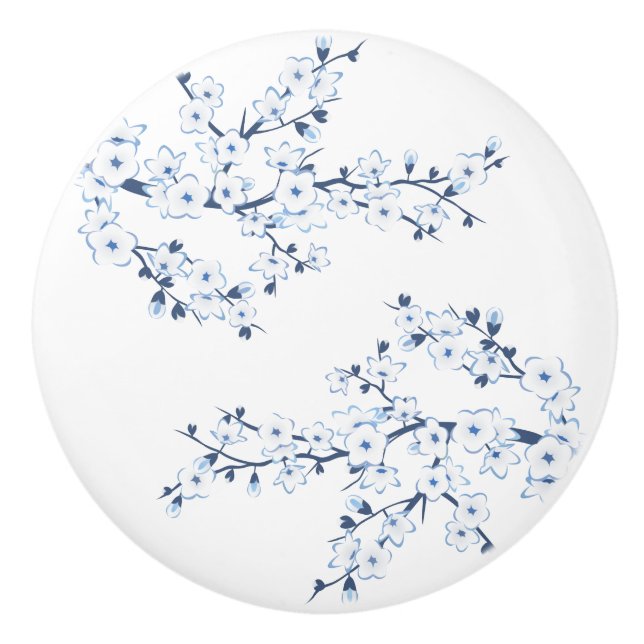 Bouton De Porte En Céramique Floral Cherry Blossom Blue White (Devant)