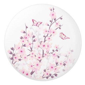 Bouton De Porte En Céramique Floral Cherry Blossoms Butterflies Pink White