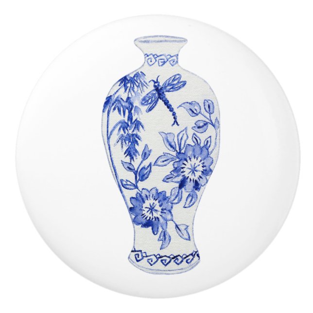 Bouton De Porte En Céramique Floral Chinoiserie Bleu Blanc Dragonfly Ginger Jar (Devant)