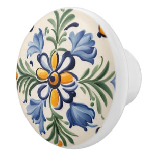 Bouton De Porte En Céramique Floral d'Art Méditerranéen Jaune & Fleur Bleue