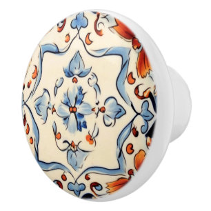 Bouton De Porte En Céramique Floral de crème bleue méditerranéenne italienne