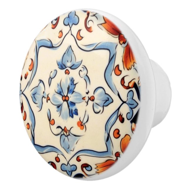 Bouton De Porte En Céramique Floral de crème bleue méditerranéenne italienne (Droite)