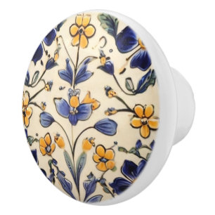 Bouton De Porte En Céramique Floral de fleurs bleu marine et jaune méditerranée