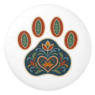 Bouton De Porte En Céramique Floral Empreinte de patte Rosemaling Folk Art Cera
