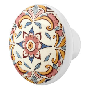 Bouton De Porte En Céramique Floral Fleur bleu rose méditerranéen