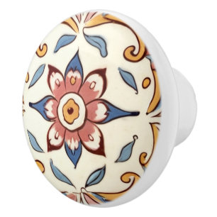 Bouton De Porte En Céramique Floral Fleur bleu rose méditerranéen