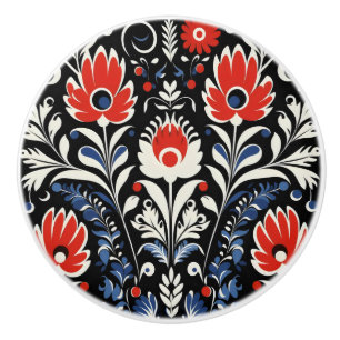Bouton De Porte En Céramique Floral Folk Motif
