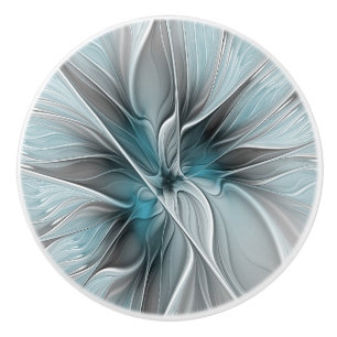 Bouton De Porte En Céramique Floral Fractal Moderne Fleur Abstrait gris bleu