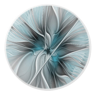 Bouton De Porte En Céramique Floral Fractal Moderne Fleur Abstrait gris bleu