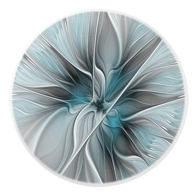 Bouton De Porte En Céramique Floral Fractal Moderne Fleur Abstrait gris bleu (Devant)