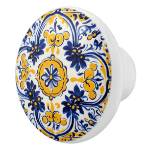 Bouton De Porte En Céramique Floral méditerranéen italien Jaune et marine