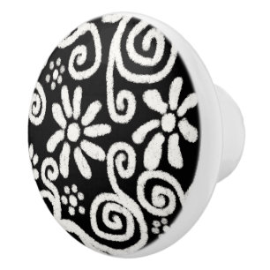 Bouton De Porte En Céramique Floral noir blanc & Fleurs Motif de fleurs