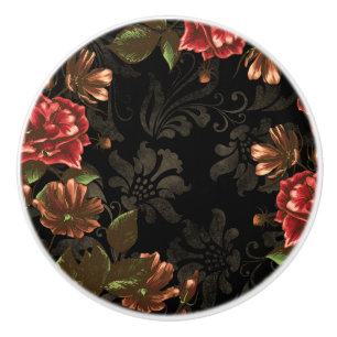 Bouton De Porte En Céramique Floral noir gravé élégant