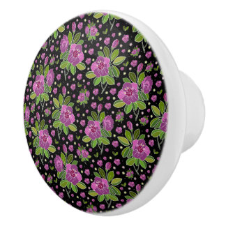 Bouton De Porte En Céramique Floral Pattern Lilac Pink Green Black