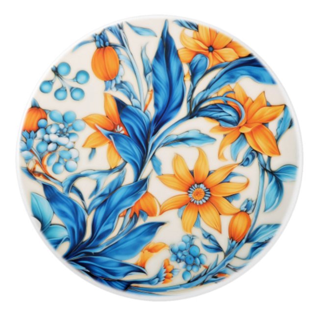 Bouton De Porte En Céramique Floral Pattern- Orange and Blue (Devant)