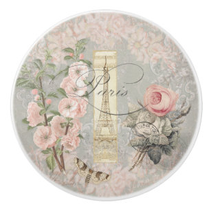 Bouton De Porte En Céramique Floral rose pâle Paris Vintage Éphémère française
