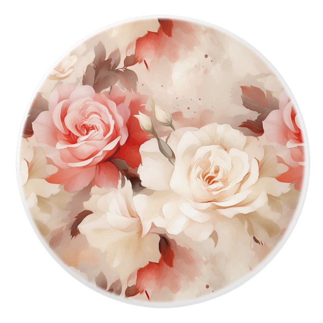 Bouton De Porte En Céramique Floral Rose rouge crème (Devant)