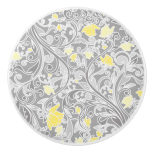 Bouton De Porte En Céramique Floral tourbillonnant jaune et gris moderne
