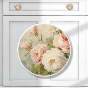 Bouton De Porte En Céramique Floral Vintage rose et blanc